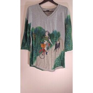SHANA Tunic Top 3/4 Sleeve Women Sz XL Artsy Country Side Bike Riding Art To Wea